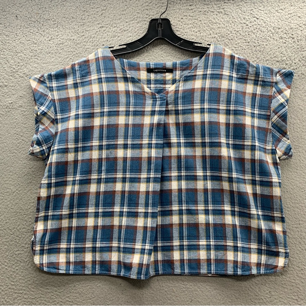 Lugnoncure Linen Blend Blue Brown Plaid Short Sleeve V-Neck Top Shirt One Size